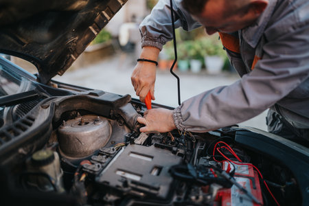 Mechanic working under the hood repairing car engine with wrench, focusing on electrical and...
