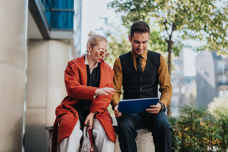 Business professionals discuss documents outdoors on a sunny city street benchの写真素材