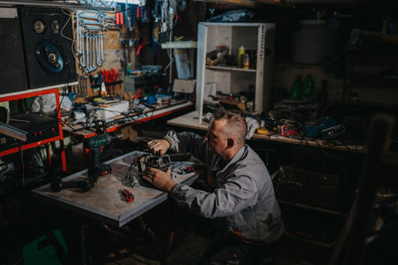 Mechanic at a cluttered workshop repairing a component with tools and power drill