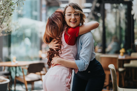 Two friends share a warm hug in a cafe, expressing joy, support, and connectionの写真素材