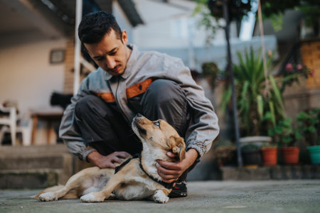 A man gently pets a lively puppy in a sunny garden, creating a warm bond.の写真素材