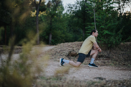 Man performs outdoor lunge exercise on a trail, focusing on fitness, training, and nature.