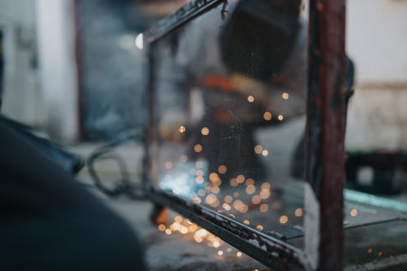 Close-up of sparks and bokeh lights in a rustic outdoor workshop scene.