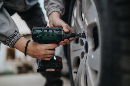 Mechanic using power drill to service a car wheel in a workshop environmentの写真素材