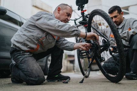 Two mechanics repair a bicycle, focusing on chain and gear adjustmentの写真素材