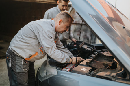 Two mechanics work under the hood, performing car engine diagnostics and repair in a garage