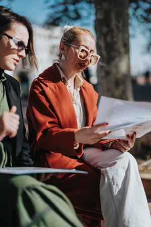 Two stylish women review documents outdoors during a sunny urban business meetingの写真素材