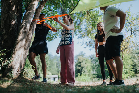 Friends workout outdoors: a group training session under a canopy in the park