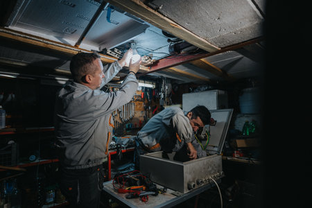 Two technicians work in a cluttered basement workshop, repairing electrical equipment under dim lightの写真素材