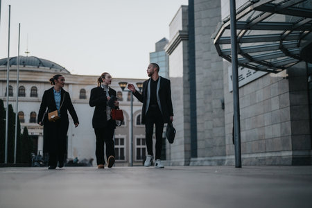 Three coworkers walk and talk outside a modern office building, showcasing professional collaboration between colleagues.の写真素材
