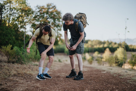 Two hikers with backpacks on a dirt trail exploring nature and enjoying an outdoor adventureの写真素材