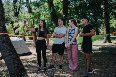 Group of friends at a campsite posing for a selfie in a lush forest park