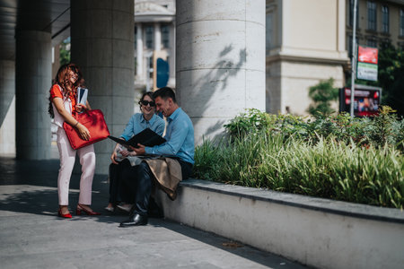 Three colleagues share a light moment outdoors while discussing documents in a city settingの写真素材