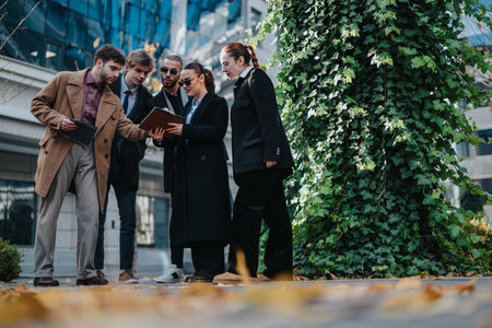 Business team discusses documents outside office, collaborating on a project between trees and modern buildingsの写真素材