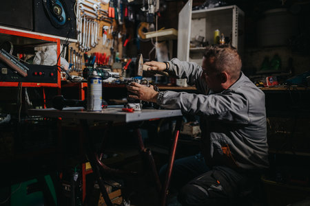 A focused mechanic works at a cluttered workshop bench, using a drill and hammer among tools and parts.の写真素材
