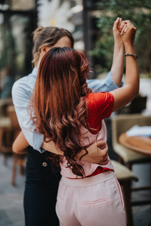 Couple dancing and embracing in a warm setting, celebrating together and enjoying a momentの写真素材