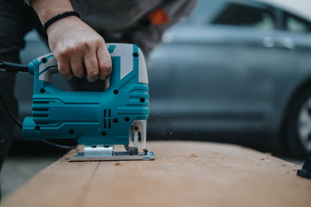 Person using a blue jigsaw cutting wood on a workbench with a car in the background