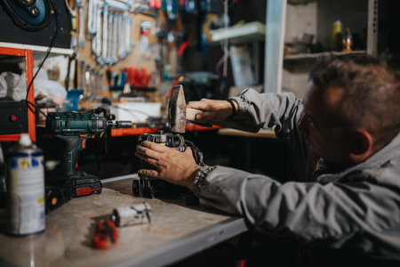 Workshop scene with mechanic using hammer and drill to repair a small machine on a workbenchの写真素材
