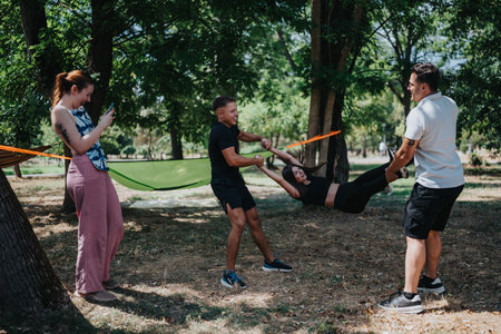 Friends laugh and play in park while building a playful hammock swing momentの写真素材