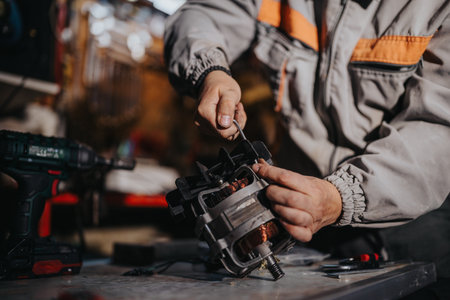 Mechanic repairing a complex component with tools in a busy workshop, close up on hands and copper...