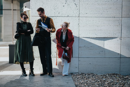 Three professionals outside discuss documents by a modern building in an outdoor city setting todayの写真素材
