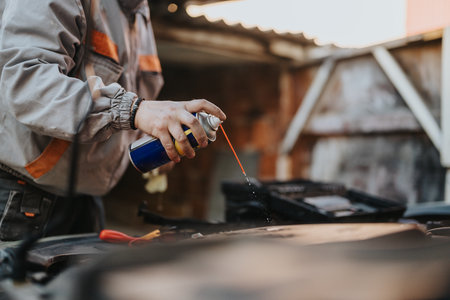 A mechanic sprays lubricant onto a car engine during maintenance in a workshop