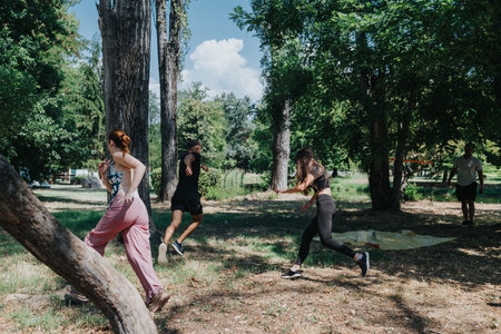 Fitness Enthusiasts Run Through a Sunny Park for Outdoor Workout With Friendsの写真素材