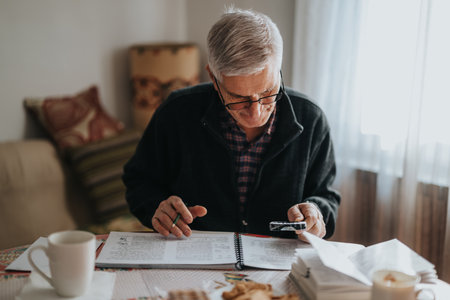 Senior man at home studying, reading a notebook and using his phone beside a coffee mugの写真素材
