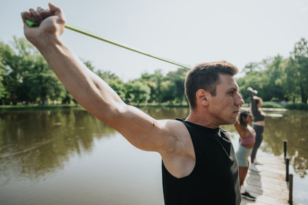 Outdoor fitness group stretching with resistance bands near a scenic lake