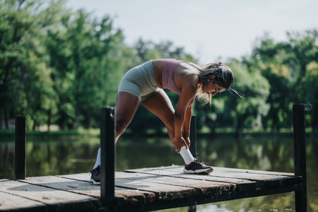Indian woman stretching during a workout on a wooden dock near a lake