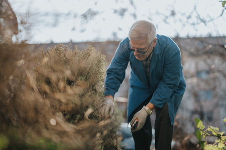 Elderly man gardening in a blue coat trims a hedge with pruning shears outdoorsの写真素材
