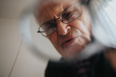 Close-up portrait of an elderly man wearing glasses, looking through a window.の写真素材
