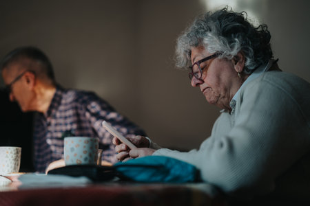 Older woman with glasses uses smartphone at table in a cozy home, warm light, coffee cups nearbyの写真素材
