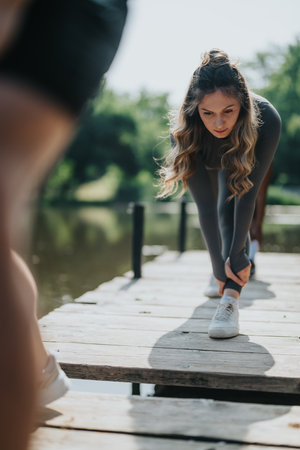 Young woman stretching on a wooden dock near a serene lakeの写真素材