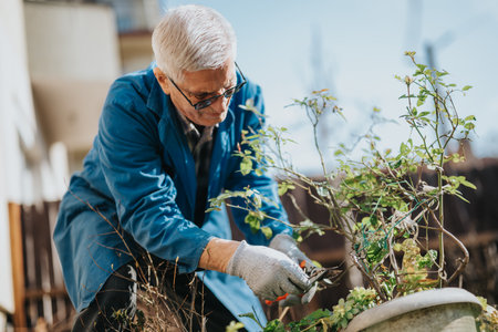 Senior gardener pruning shrubs with pruning shears in a small garden, concentrating on plant careの写真素材