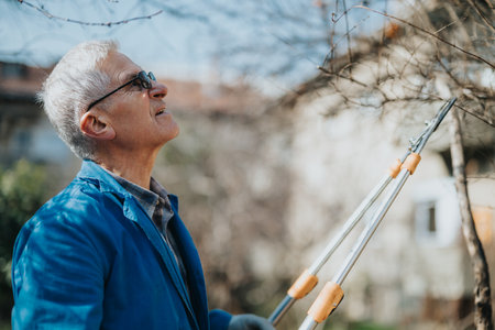 Elderly man in blue jacket with crutches looking up at a tree outdoors, hopeful momentの写真素材