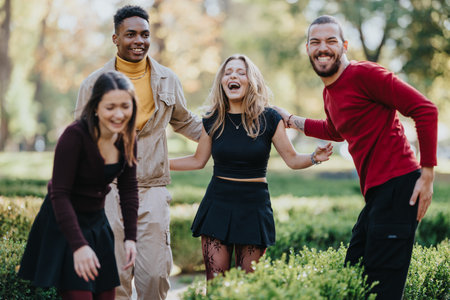 Diverse group of friends enjoying a sunny park outing, laughing and having fun together