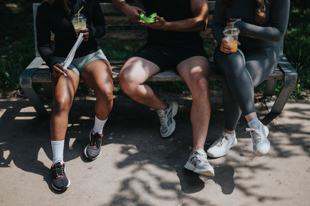 Group of friends relaxing on a bench after a workout outdoorsの写真素材