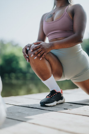 Indian woman stretching outdoors during a fitness routine in summer park settingの写真素材