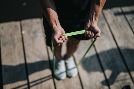 Close-Up of Hands Using Resistance Band Outdoors on Wooden Surfaceの写真素材