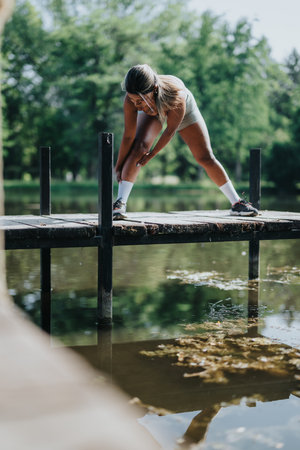 Indian woman stretching outdoors by a serene lakeside in a parkの写真素材