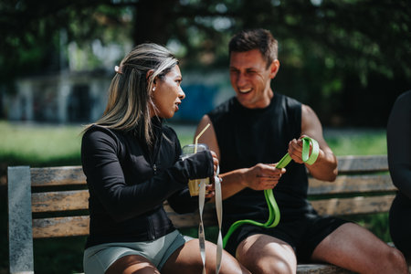 Friends enjoying outdoor fitness exercises and relaxation on a sunny day