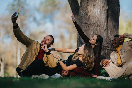 Friends take a joyful group selfie in the park, cheering and laughing under the trees