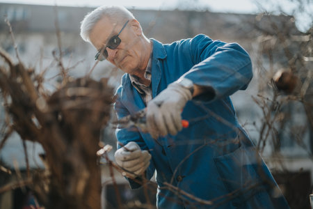 Older man pruning vines with pruning shears in a sunny outdoor garden settingの写真素材