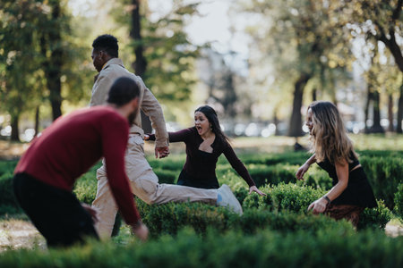 Diverse group of friends playing in a park, laughing and jumping among hedges.