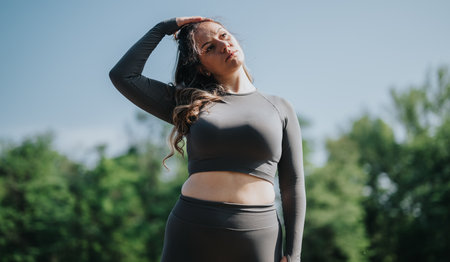 Young woman stretching outdoors during a workout on a sunny dayの写真素材