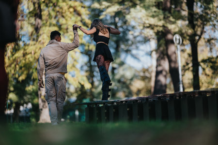 Diverse couple in a park practicing balance on an elevated platform with support and teamwork outdoors togetherの写真素材