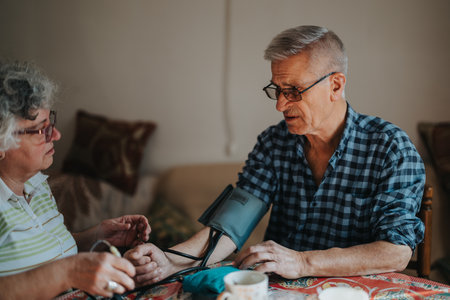 Elderly man receives blood pressure check at home from caregiver partner during a calm morning
