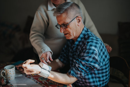 Two men help elderly man with wrist blood pressure monitor at home during a family momentの写真素材