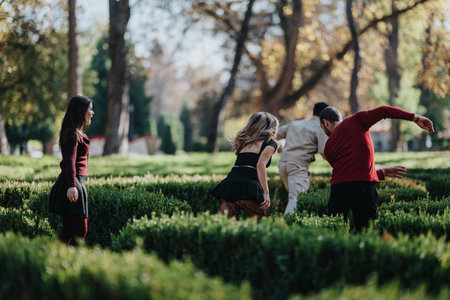 Friends enjoying a sunny day at the park, exploring hedges and playing togetherの写真素材